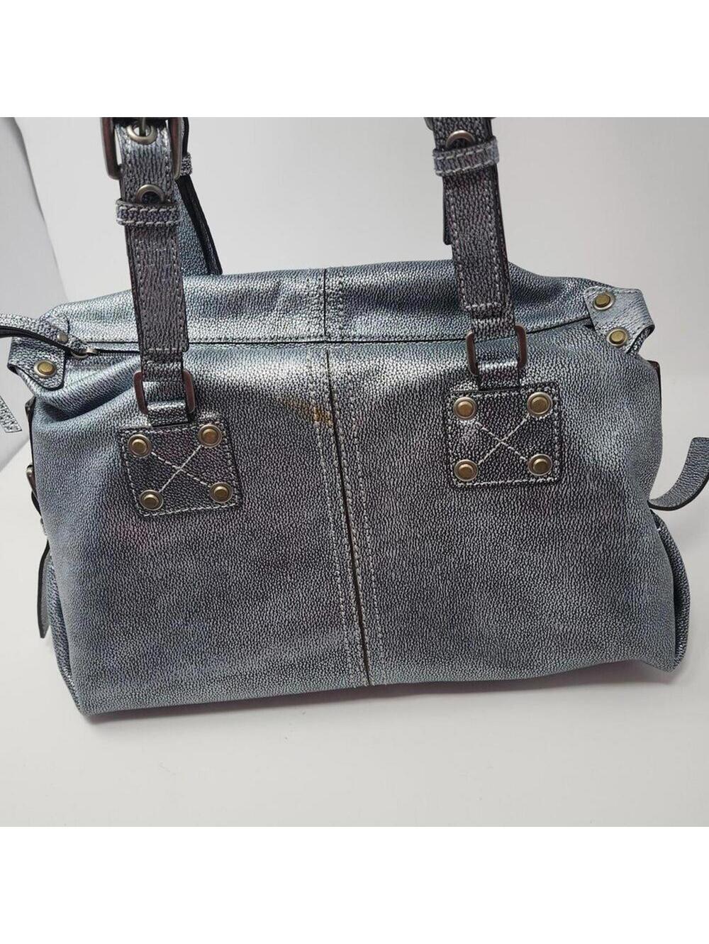 Hype Silver Metallic Double Handle Satchel Genuine Leather Bright Stripes Inside - Picture 4 of 7
